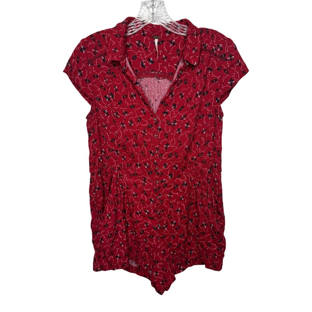 Free People Red Floral Button Front Romper Collared Short‎ Sleeve Women’s S Boho